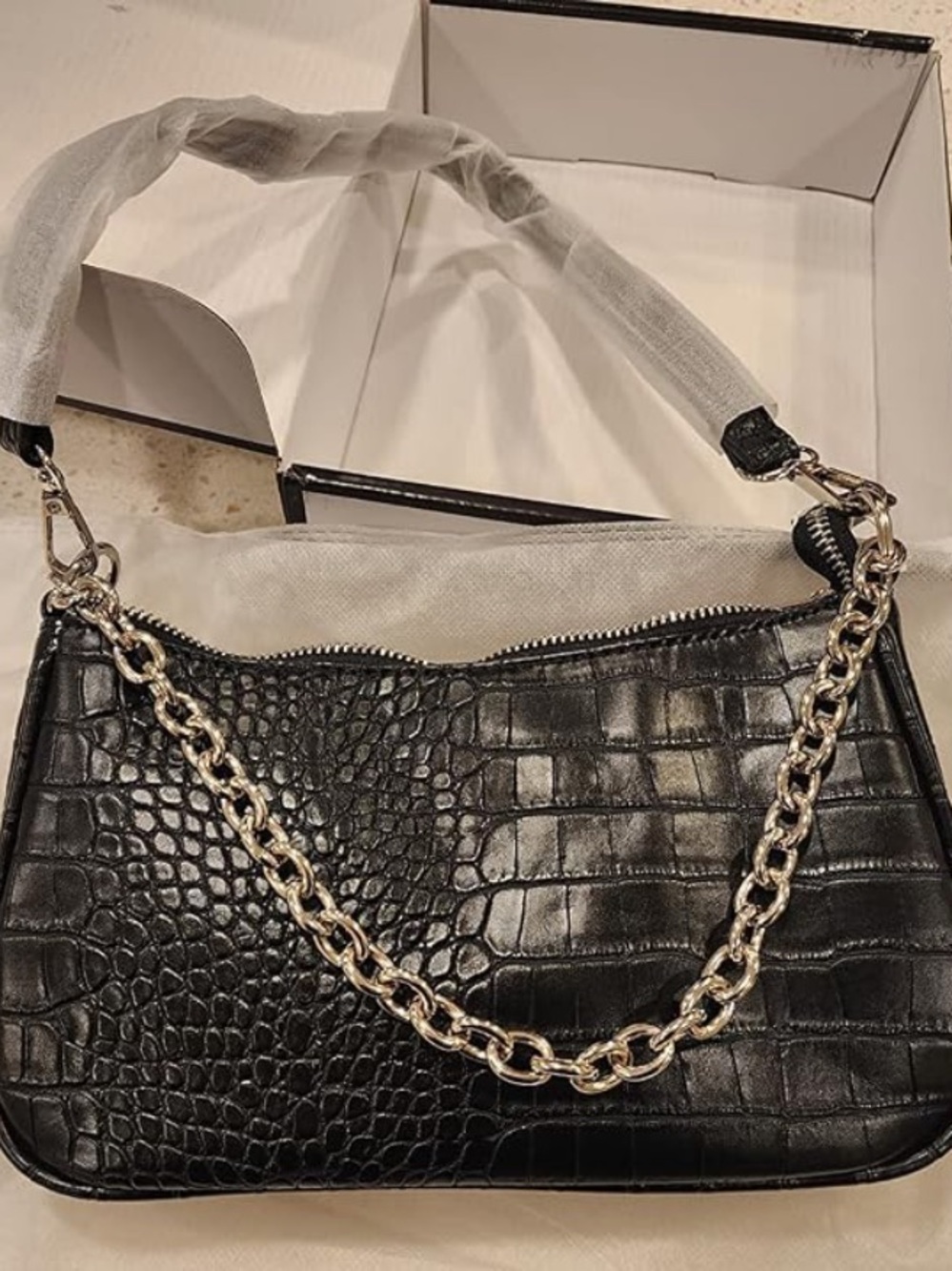 Black Croc-Embossed Shoulder Bag with Chain Accent